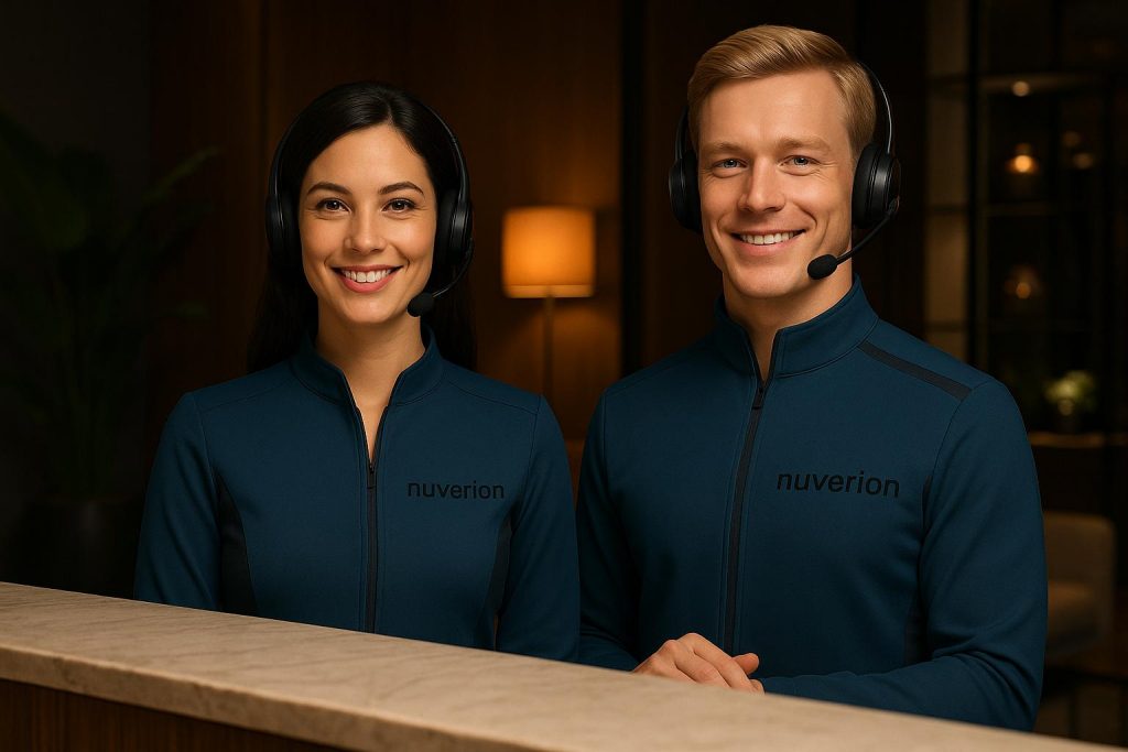 Hotel guest checking in via Nuverion AI receptionist — seamless, contactless check-in experience
