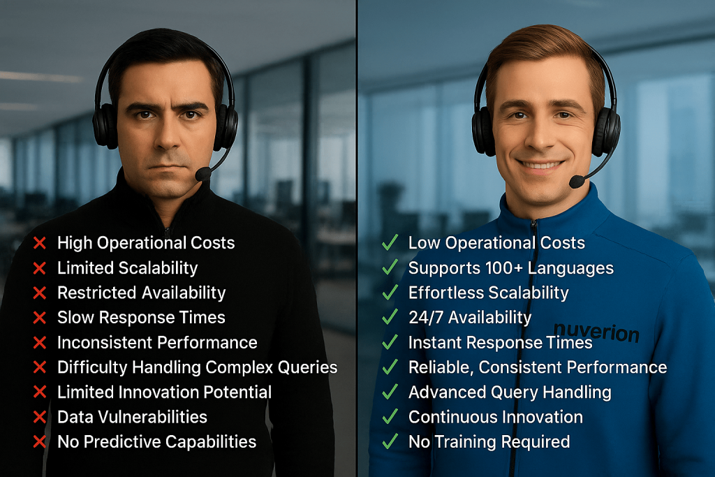 Comparison between a human employee and an AI employee powered by Nuverion AI technology