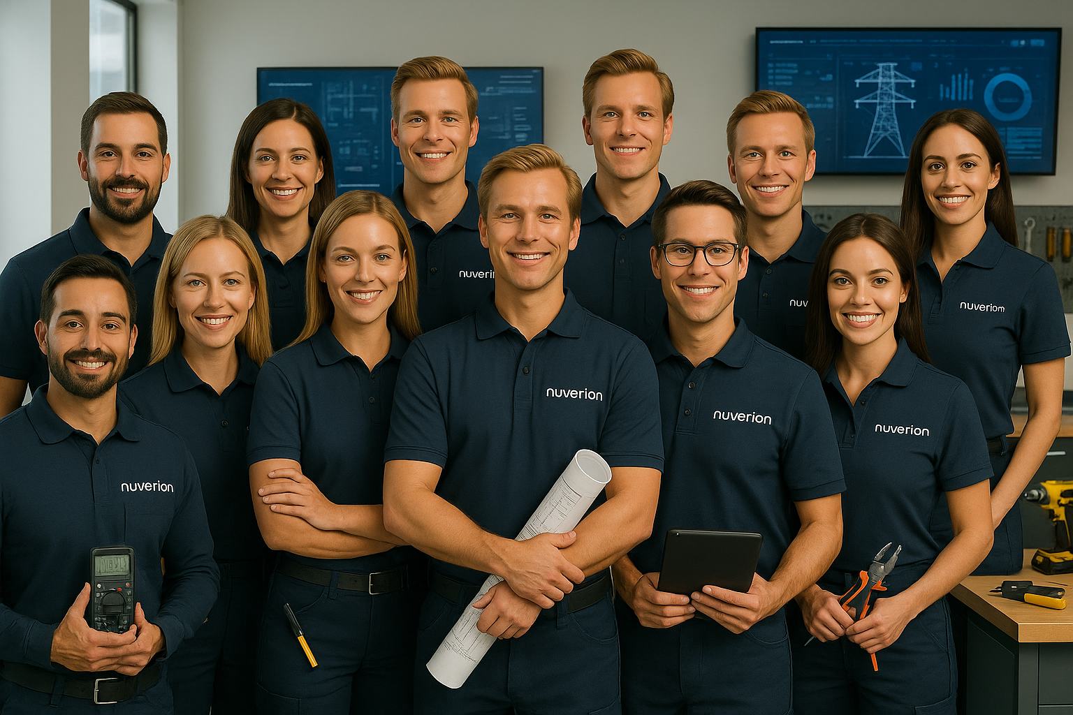 Professional Nuverion AI Agents team for trades and service companies, featuring twelve male and female representatives in branded uniforms with tablets and tools, standing in a modern office with a craft-technology background.