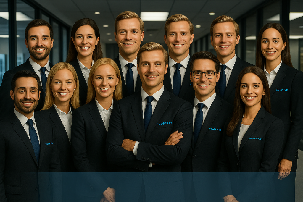 Professional group of twelve Nuverion AI Agents in business suits standing in a modern finance office, representing 24/7 automation for banks, fintech, and insurance operations.