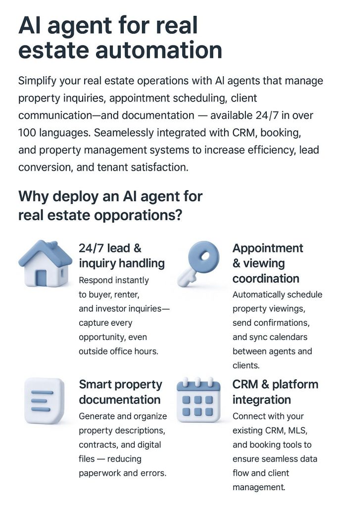AI Agents for Real Estate automating lead qualification, property showings, listing updates, and tenant communication — powered by Nuverion.