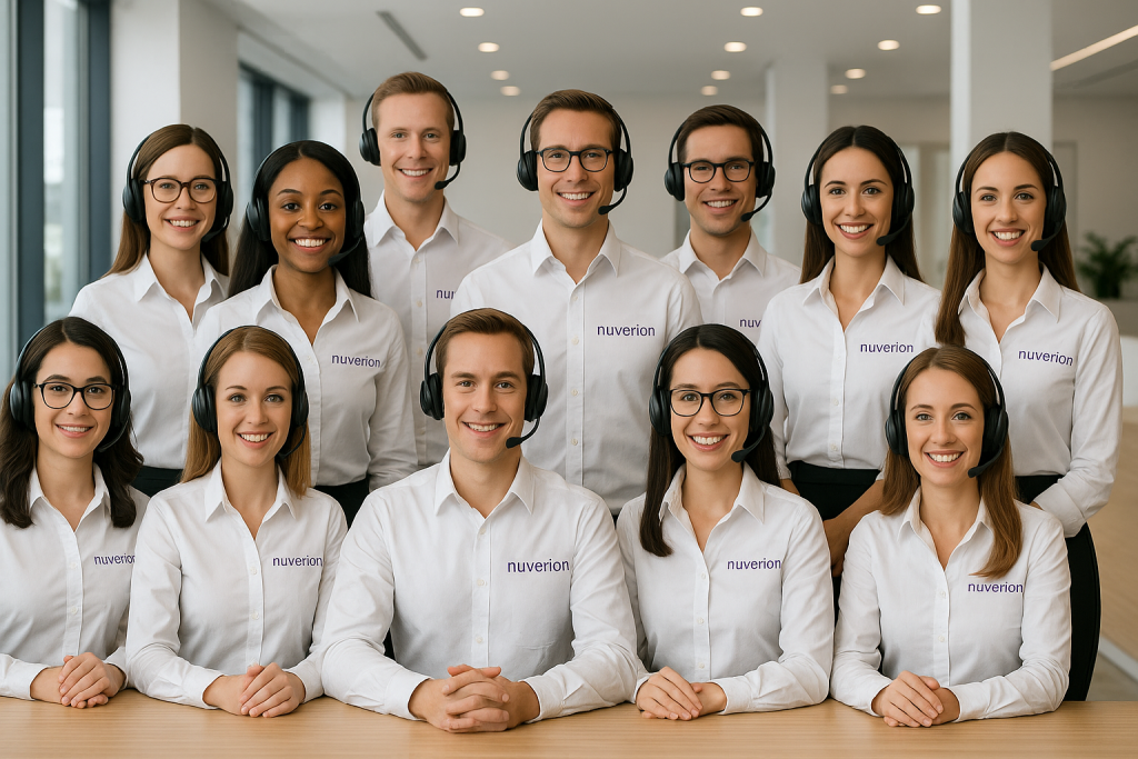 Nuverion AI Receptionist Team — twelve professional AI Agents (ten women, two men) wearing white shirts with Nuverion logo and headsets, standing confidently in a bright, modern office reception environment. Represents 24/7 multilingual virtual receptionist service.