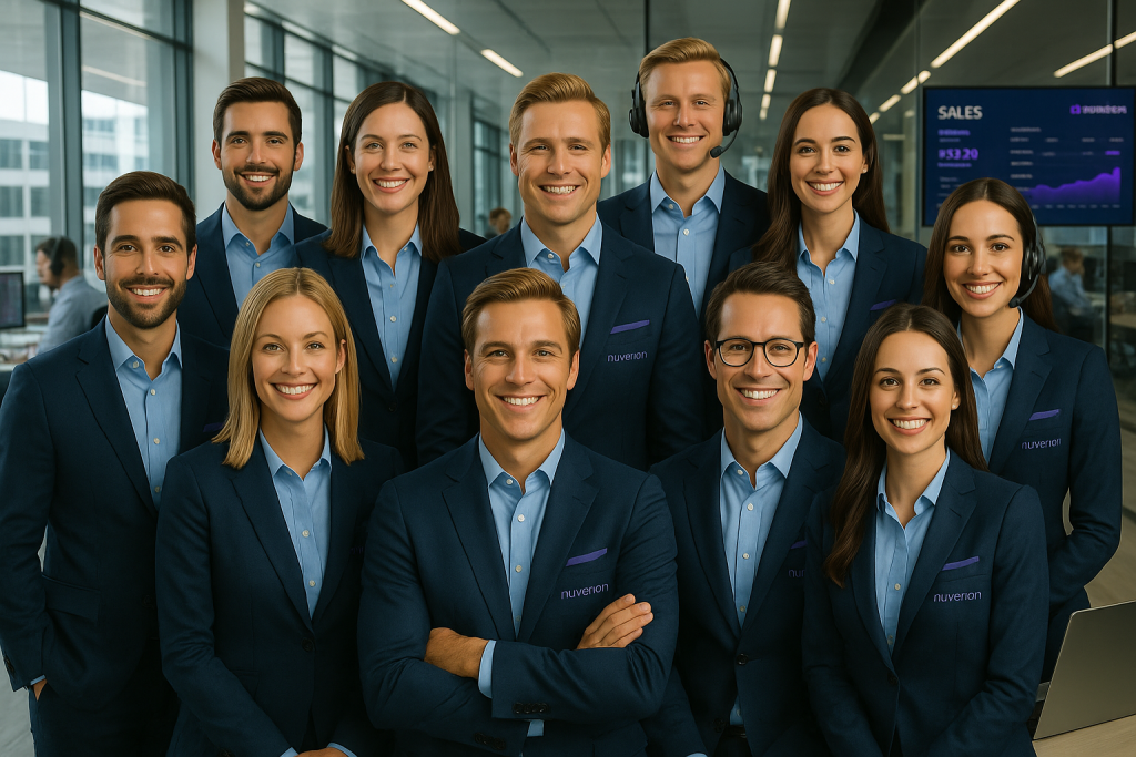 Motivated Nuverion AI Sales Team in modern office, automating B2B outreach, lead generation and global sales compliance