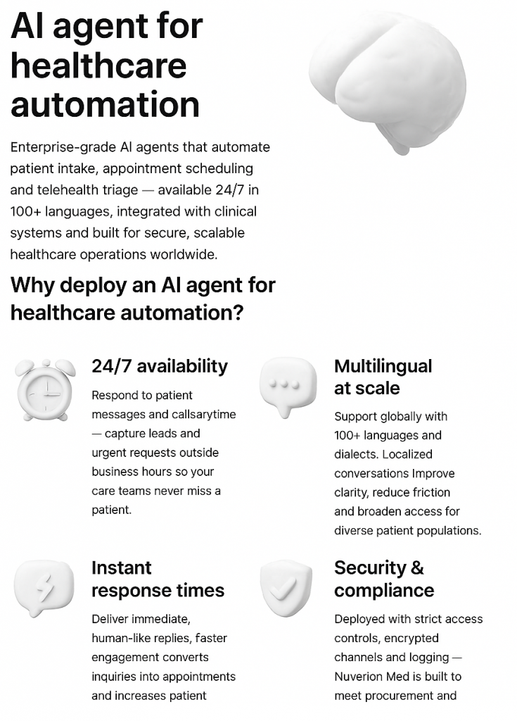 alt="AI receptionist for doctors and healthcare professionals — Nuverion Med 3D AI brain symbolizing medical workflow automation, patient scheduling, and multilingual virtual assistant technology."